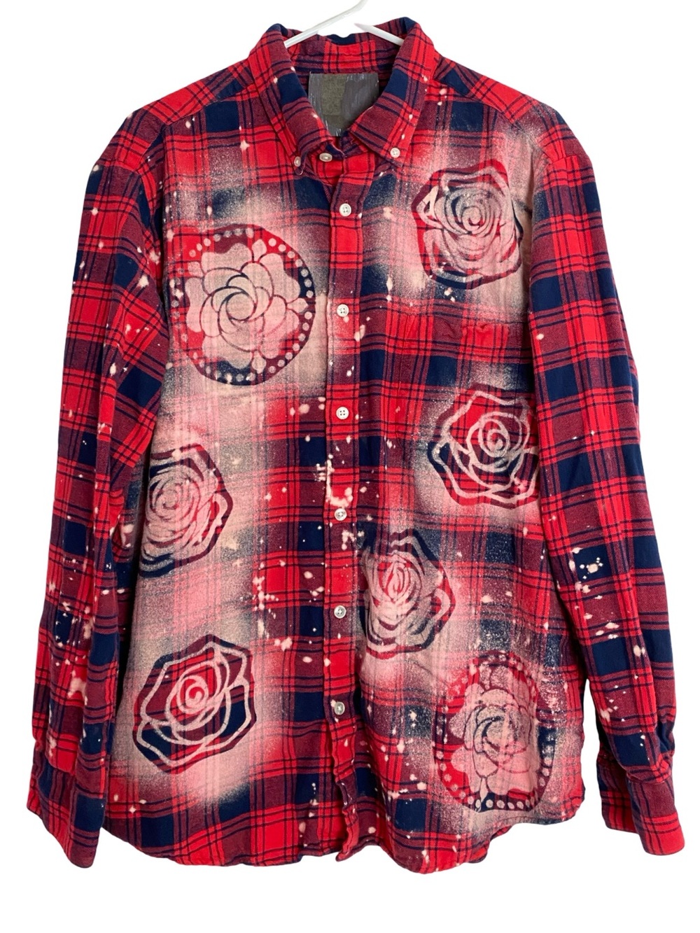OOAK Custom Floral Flannel Bleached Shirt Mens Size XL Unisex style Red Plaid
